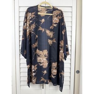 Fun 2 Fun Kimono Cardigan Women XL Navy Brown Floral Sheer Open Front